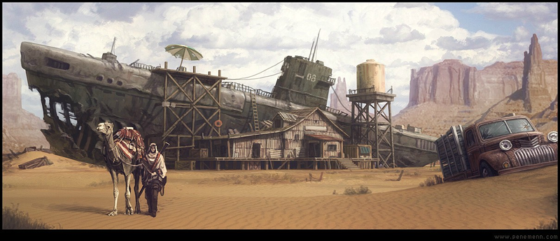 Illustration for article titled Concept Art Writing Prompt: A submarine decays in the middle of the desert